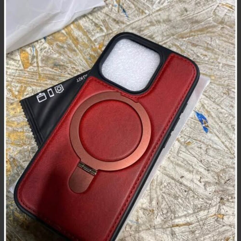 Red Leather MagSafe Case with Built-in Ring Stand for iPhone 16 Pro Case Stand